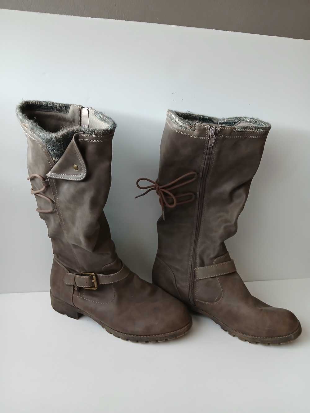 Jellypop Mid Calf Boots Womens 9.5 W Wide Width Taupe Faux Leather Knit Buckle